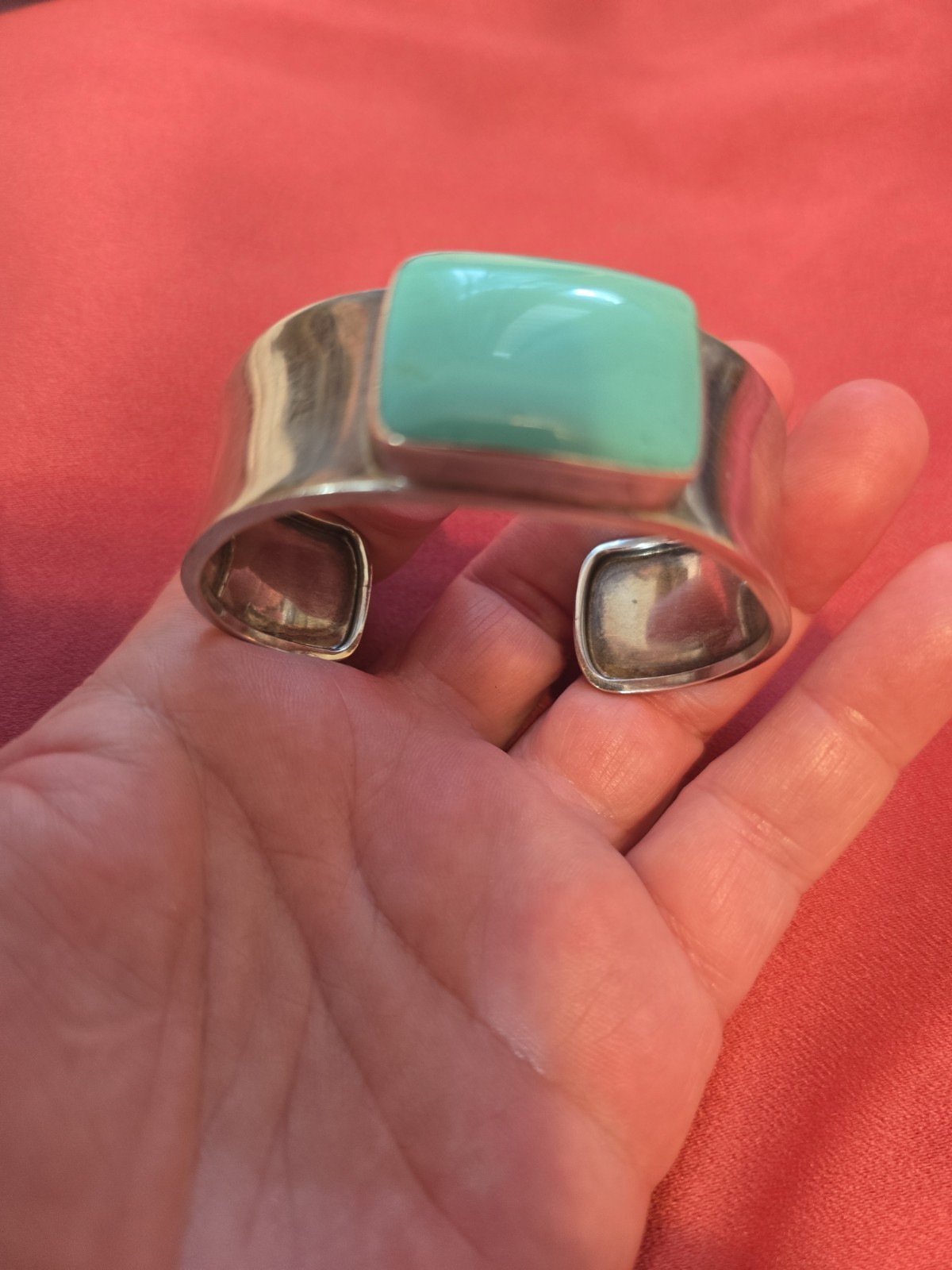 Vtg 70s Modernist Southwst .75″ Wide Sterling 925 Cuff Bracelet & Teal Acrylic?