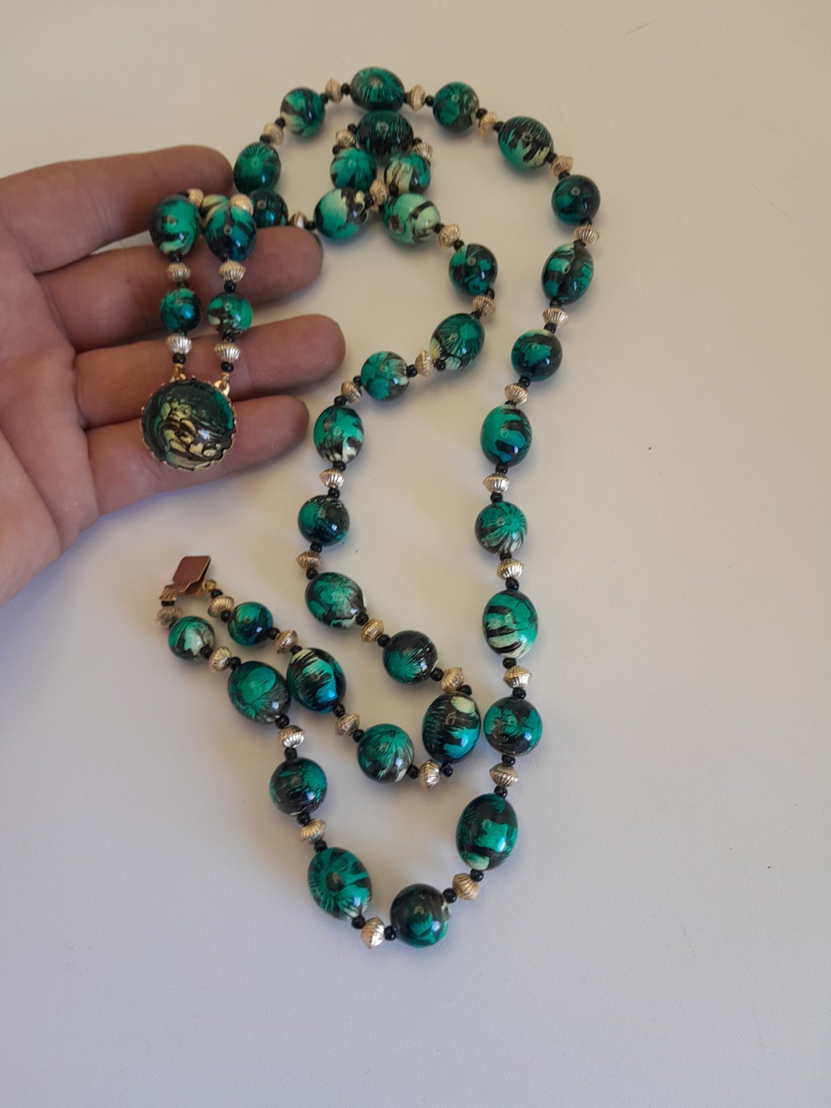Hong Kong Double Strand Necklace Blueish Green, Black, And Silver Tone