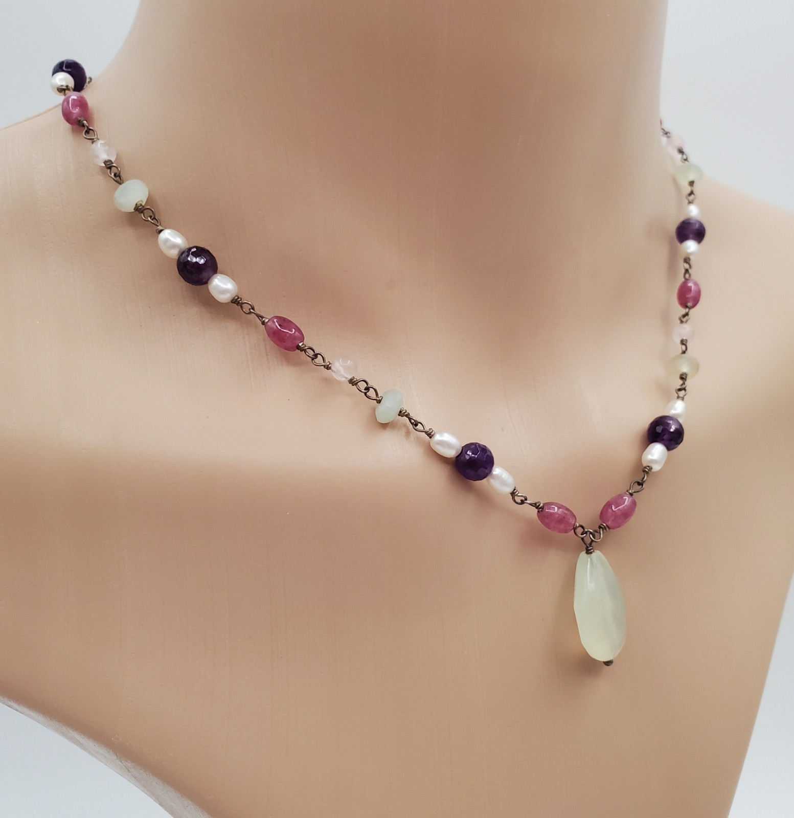 VTG 925 Pearl and Gemstone Jade Teardrop Necklace 18in Sterling Silver 12gtw