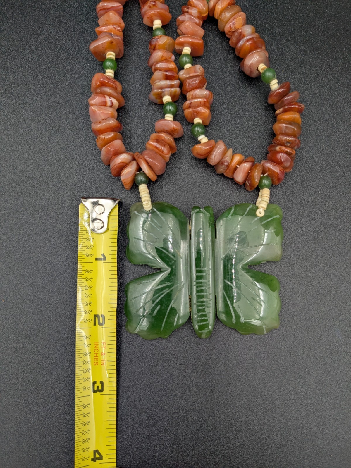 Vintage Jade and Carnelian Butterfly Pendant Statement Necklace