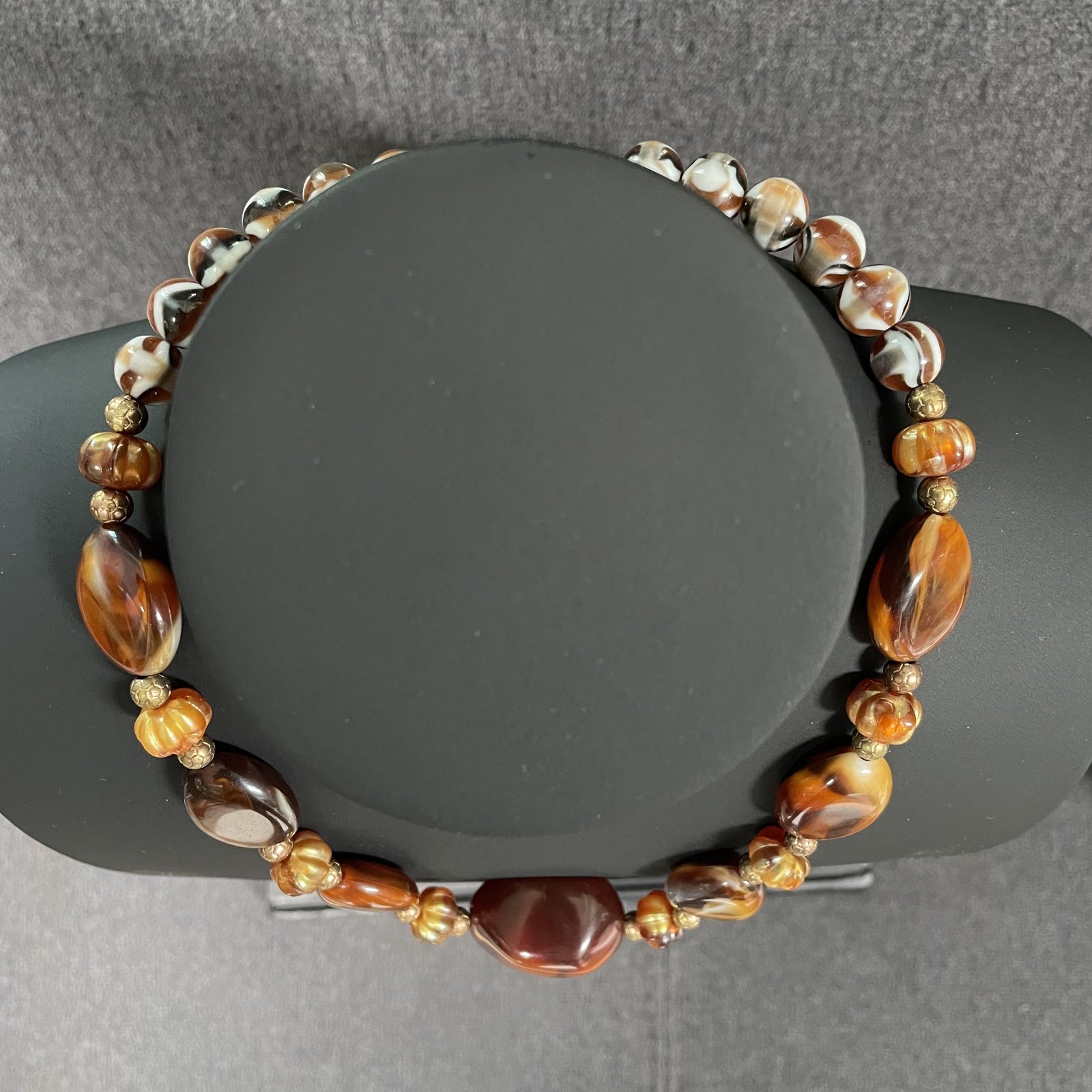 Vintage Napier Geometric Multi Color Agate Stone & Gold Tone Beads Necklace 18″