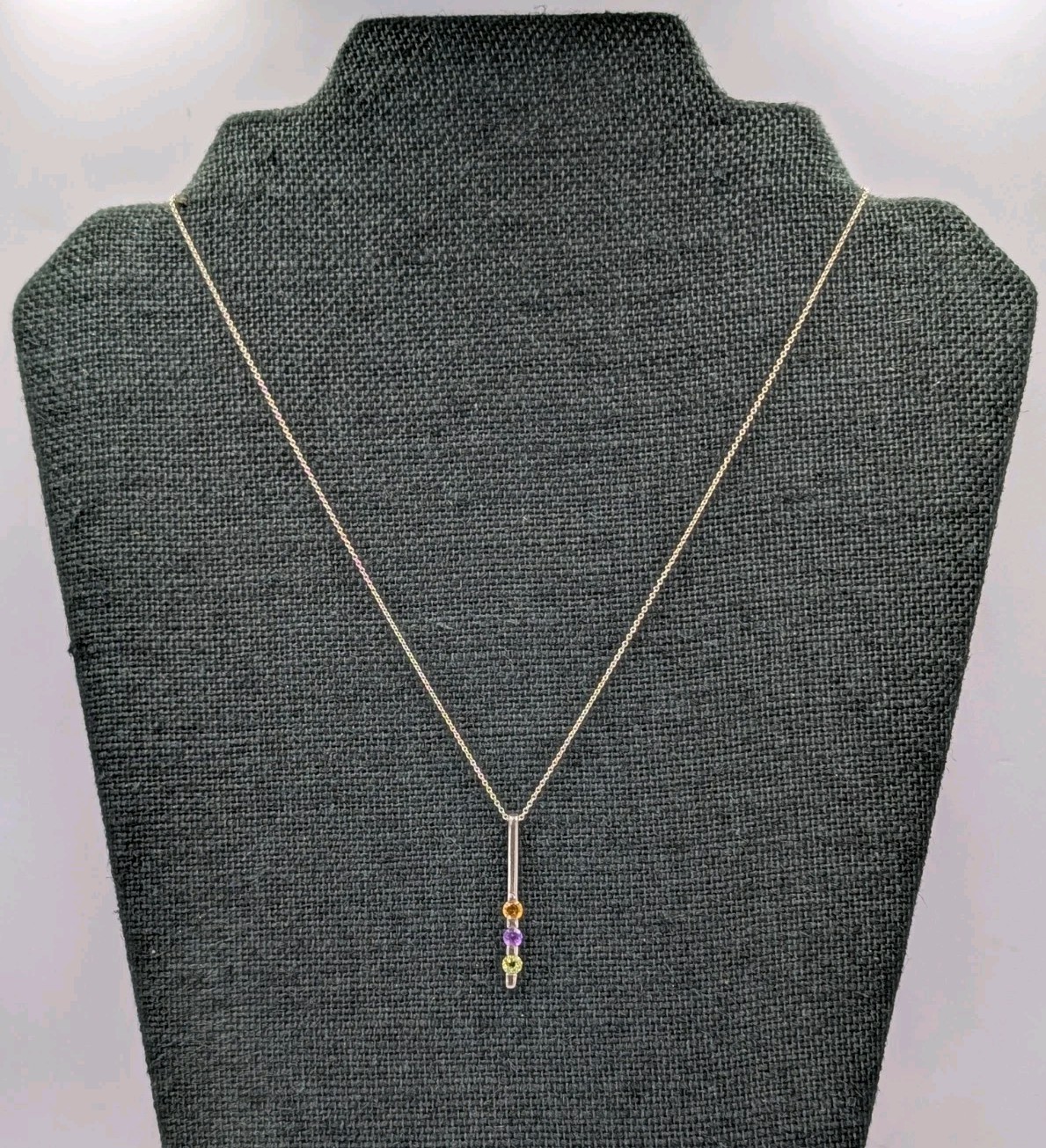 Vtg Sadye L Vassil 925 Sterling Silver 3 Gemstone Bar Pendant 16-18″ Necklace