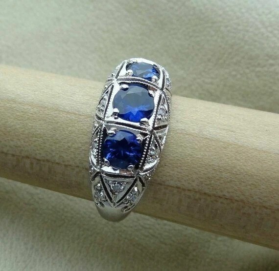 Art Deco Style 3Ct Round Lab Created Sapphire Engagement 14K White Gold FN Ring