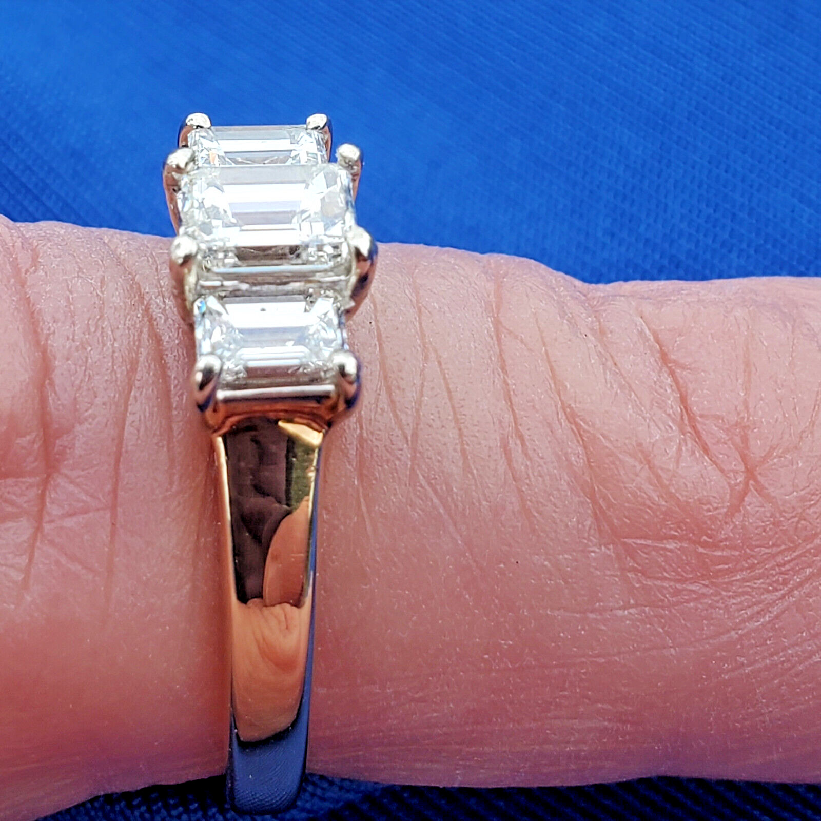 EARTH MINED DIAMOND Deco Engagement Ring 3 Stone Emerald cut Solitare 14K GOLD