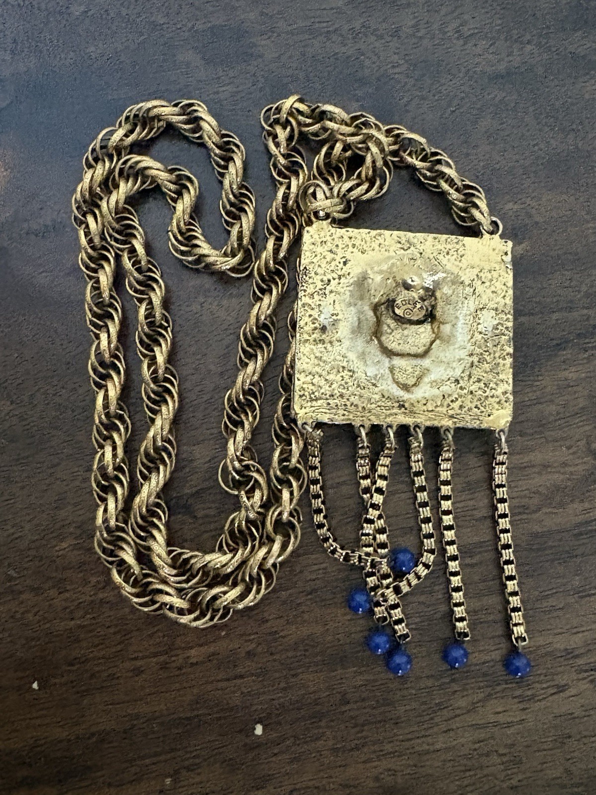 EDLEE Lion Necklace Vintage Gold Chain Blue Eyes Dangle Tassel Estate Jewelry