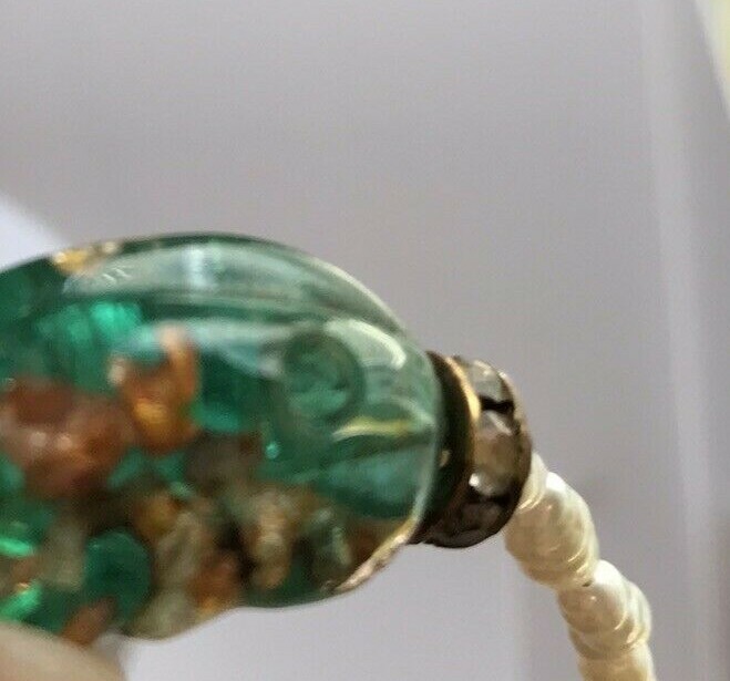 Vintage Artisan Baroque Pearl Dainty Strand Necklace Green Foil Art Glass Beach