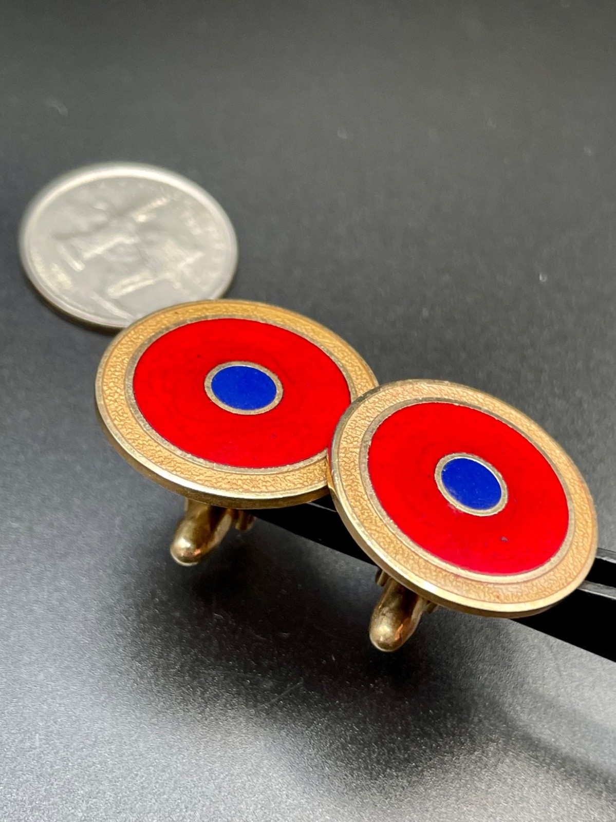 Vintage Gold Tone Mod Red Blue Enamel Target Bullseye Cufflinks Mid Century