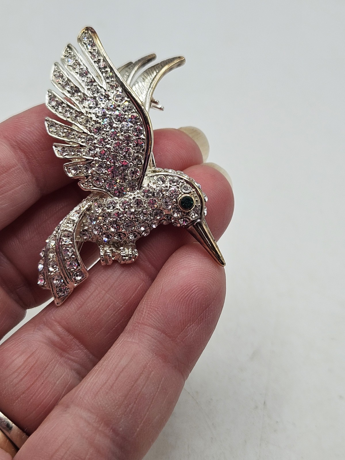 Vintage HummingBird In Flight Brooch Pin Silver Tone Rhinestones With Green Eye
