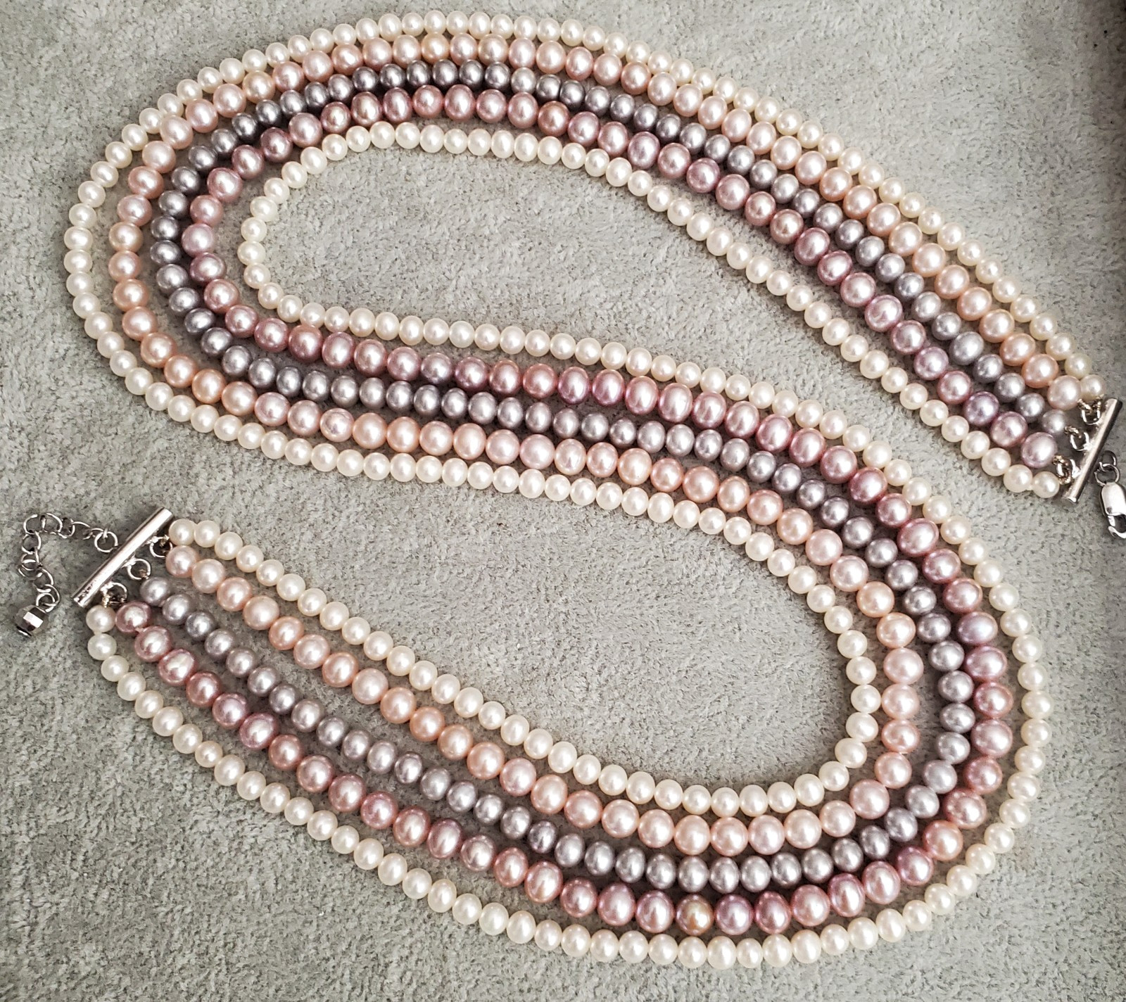 Vintage 5 Row Champagne Colors 925 Freshwater Cultured Pearl 21″ Necklace 104Gr