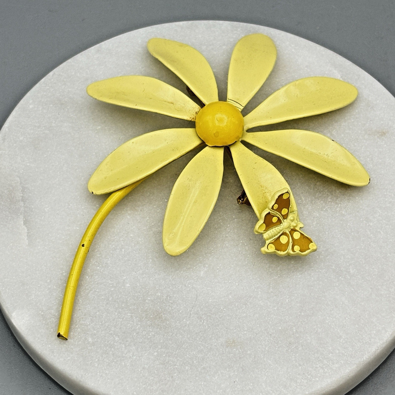 Vintage Enamel Flower Brooch with Butterfly Cheery Yellow Statement PIn