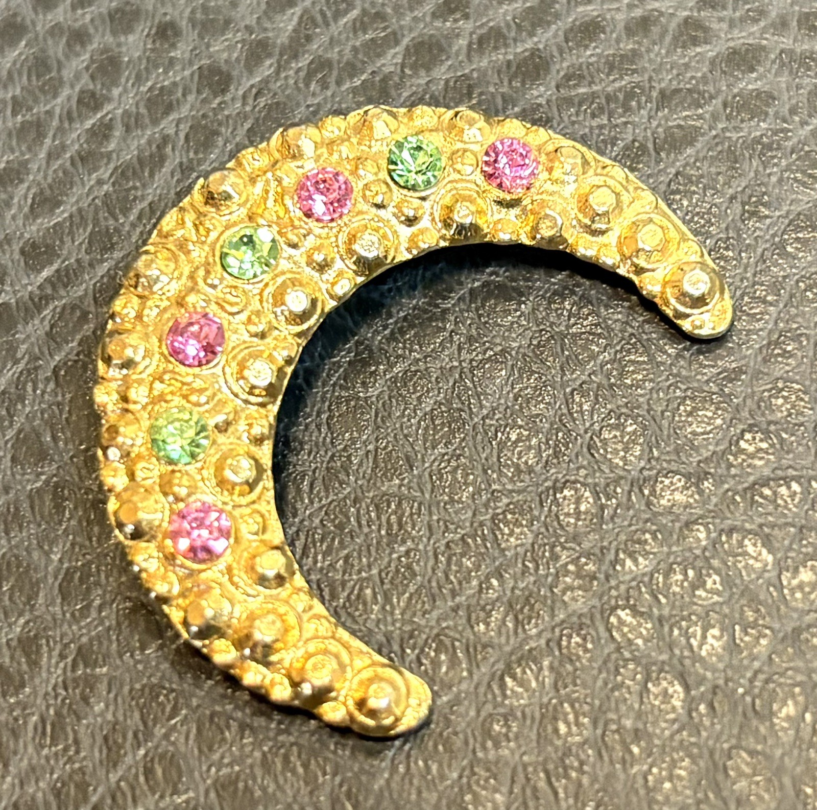 Vintage 80s Gold Tone Crescent Moon Pin Brooch Pink Green Rhinestones Celestial