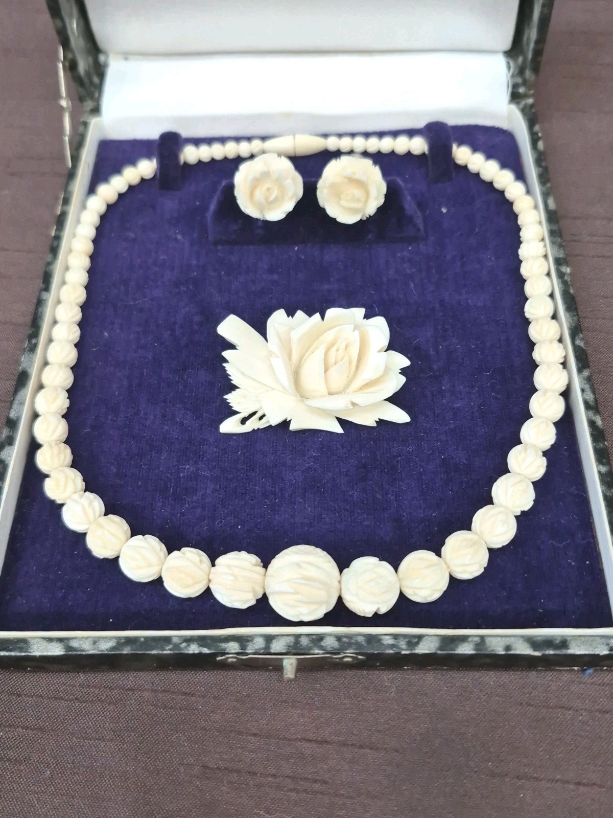 Vintage Japanese Hand-Carved Rose Jewelry Parure with Original Presentation Box