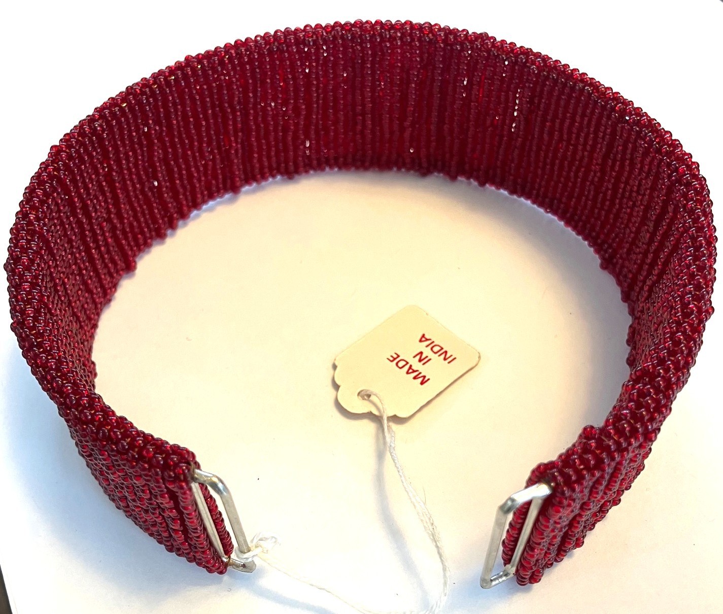 Vintage Hand Woven Ruby Red Glass Seed Bead Wired 1.5″ Collar Flex Choker 38