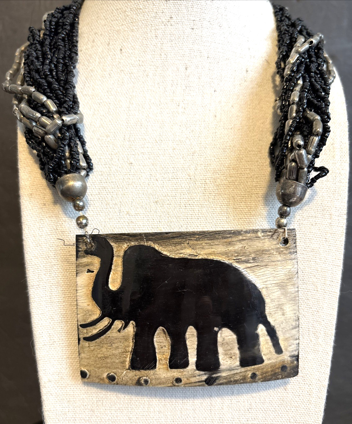 Vintage African Tribal Ethnic Boho Carved Elephant Multi Chain Bead Necklace