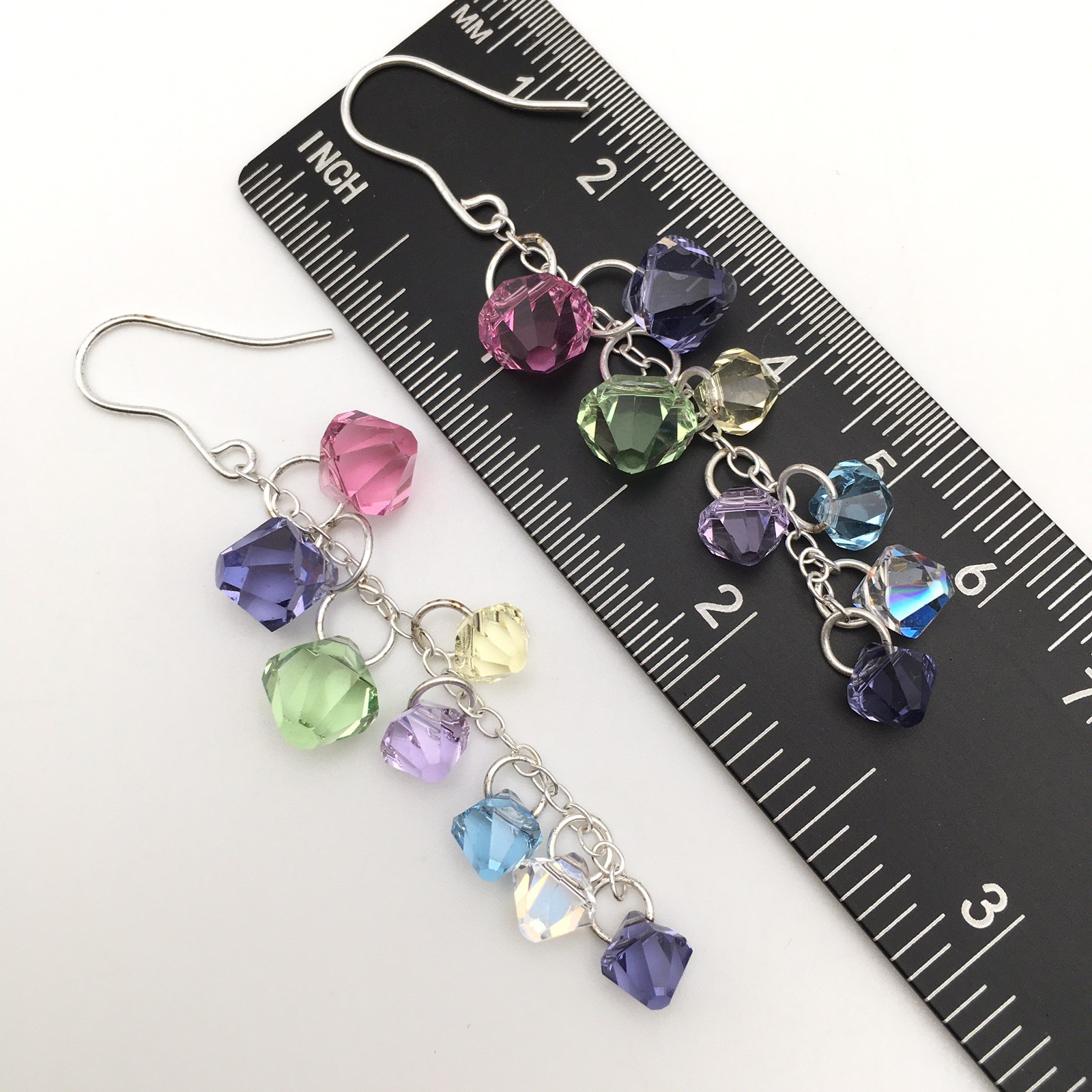 Vintage Sterling Silver Rainbow Beaded Cha Cha Hook Dangle Earrings 925 7g #96