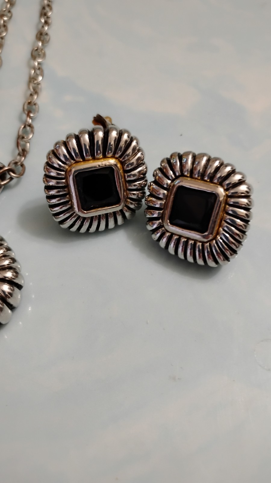 Vtg Black Glass Chatons Cabochon Necklace Earrings & Bangle Bracelet Set