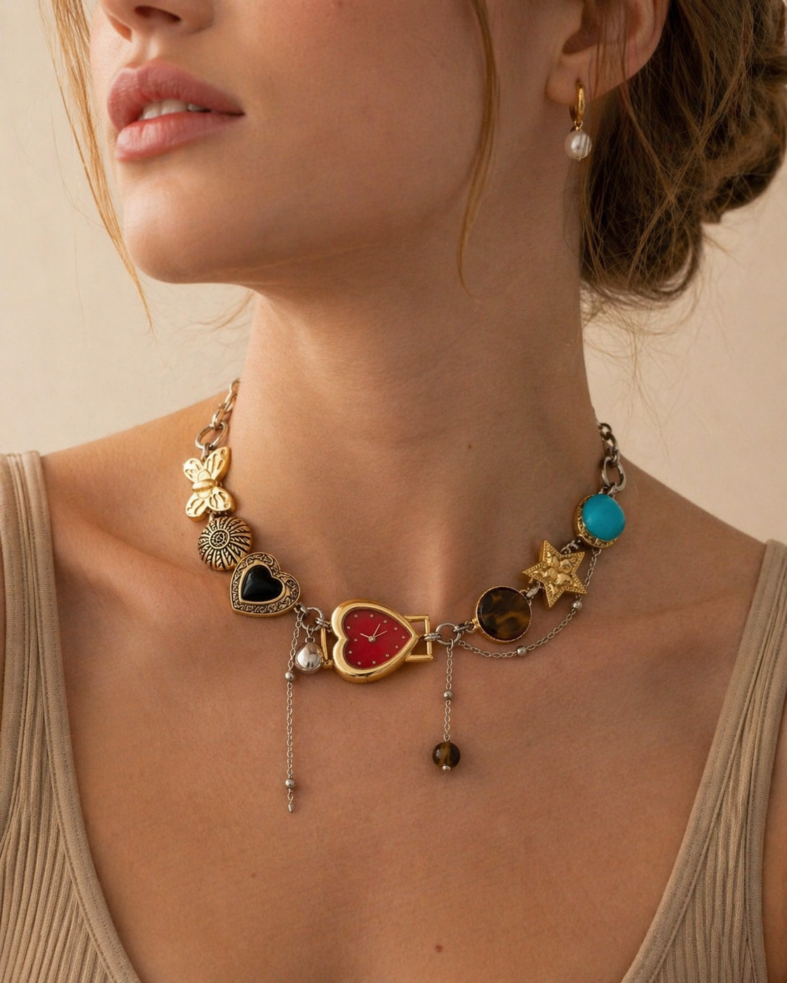 Vintage Heart Gold Red Heart Shaped Faux Y2K Watch Choker Necklace