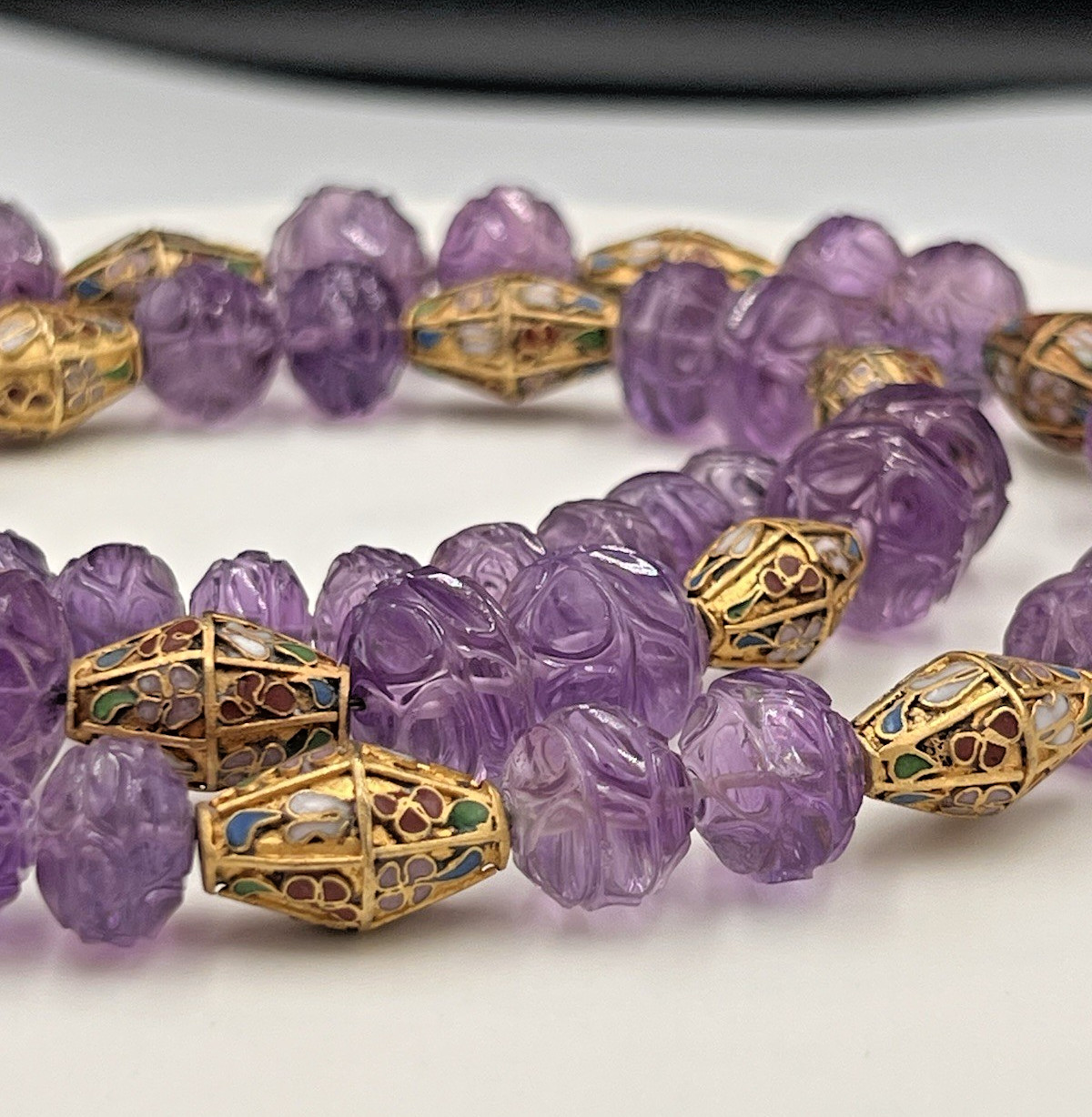 Vtg Chinese Carved Amethyst Bead & Gold Cloisonne Necklace, 168 grams, 30″ Long