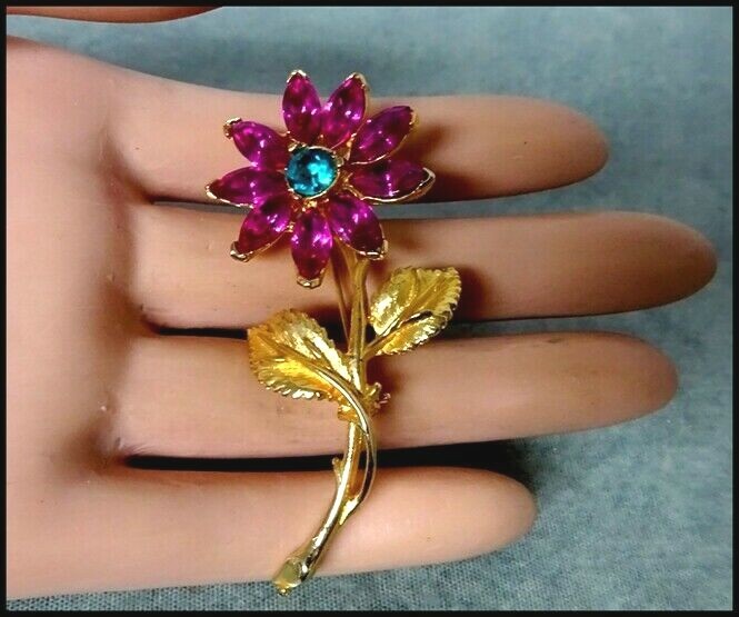 Vintage Figural Fucshia Pink and Teal Green Rhinestone Brooch Pin Signed EDLEE