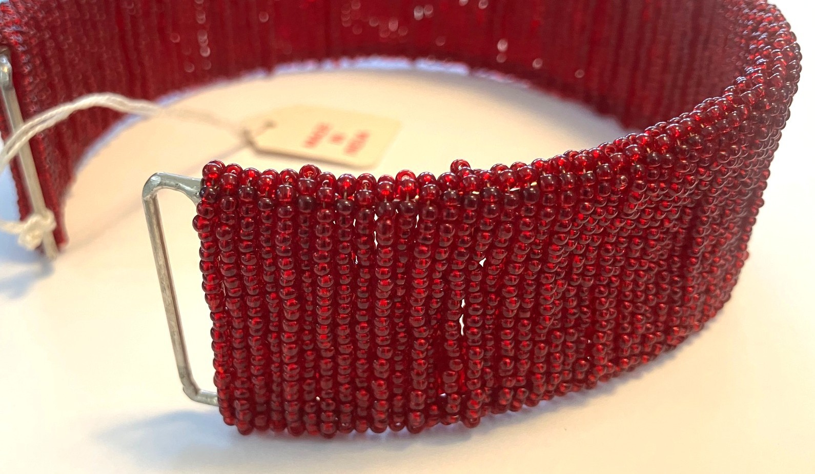 Vintage Hand Woven Ruby Red Glass Seed Bead Wired 1.5″ Collar Flex Choker 38