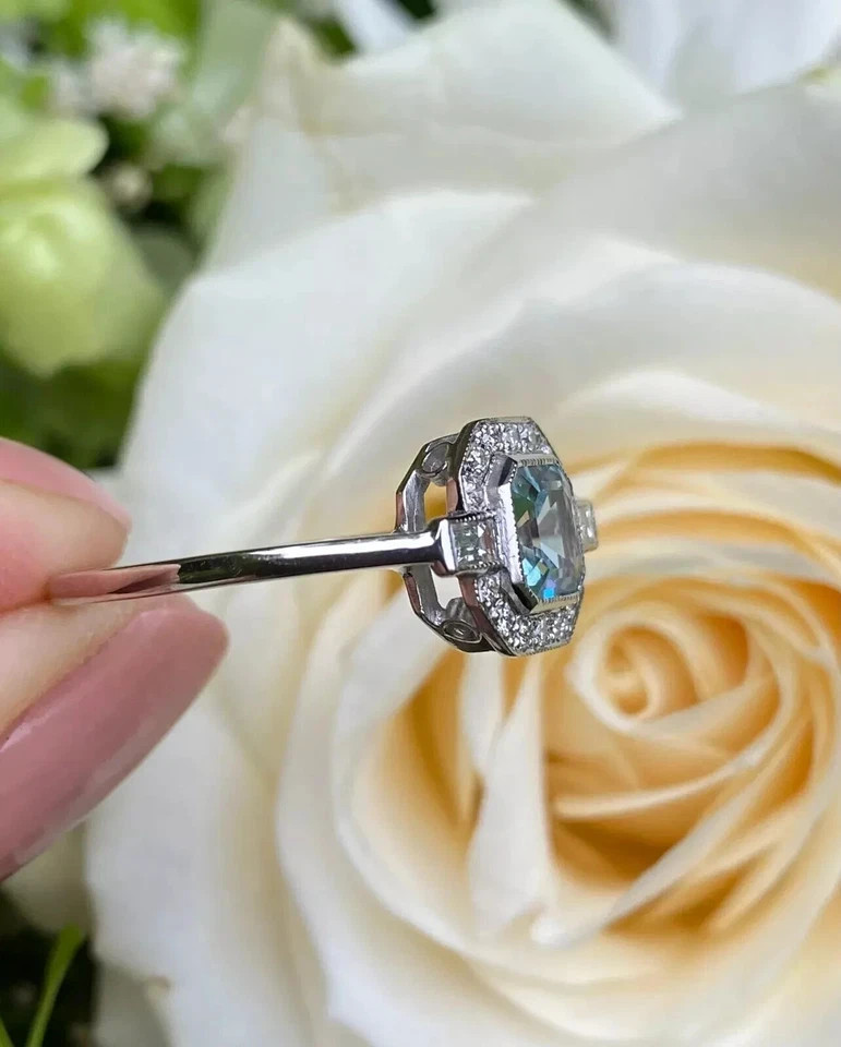 Art Deco Style Aquamarine Lab Created Diamond Engagement 14K White Gold FN Ring