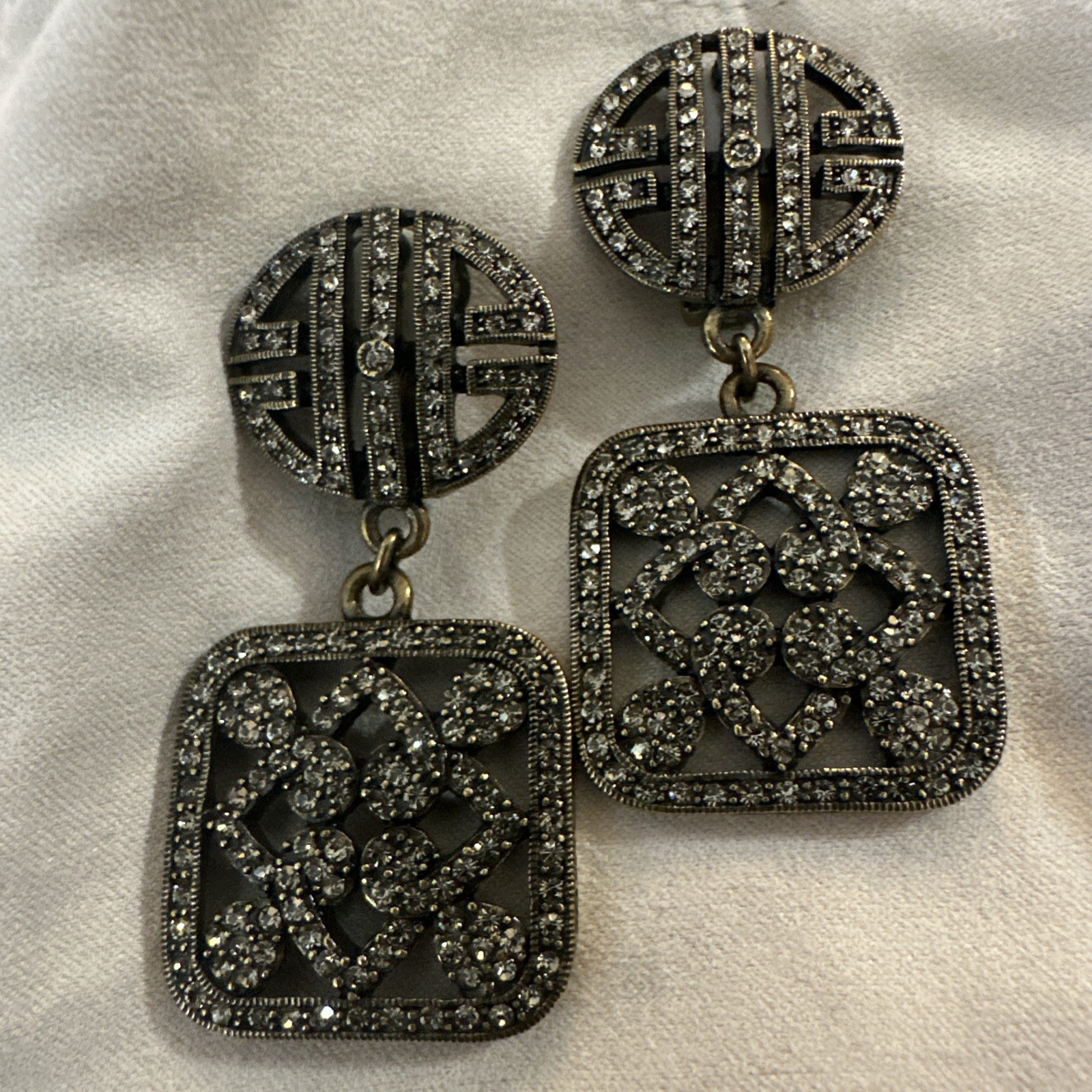 Heidi Daus Crystal Rhinestone Square Dangle Clip-On Earring Signed