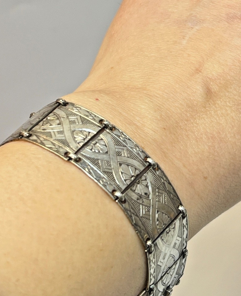 Antique German 835 Silver Art Deco Link Panel Bracelet Geometric Flowers