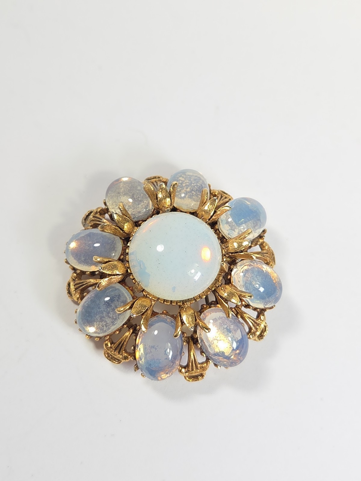 Vintage Signed Florenza Opaline Glass Ornate Gold Tone Pin Brooch