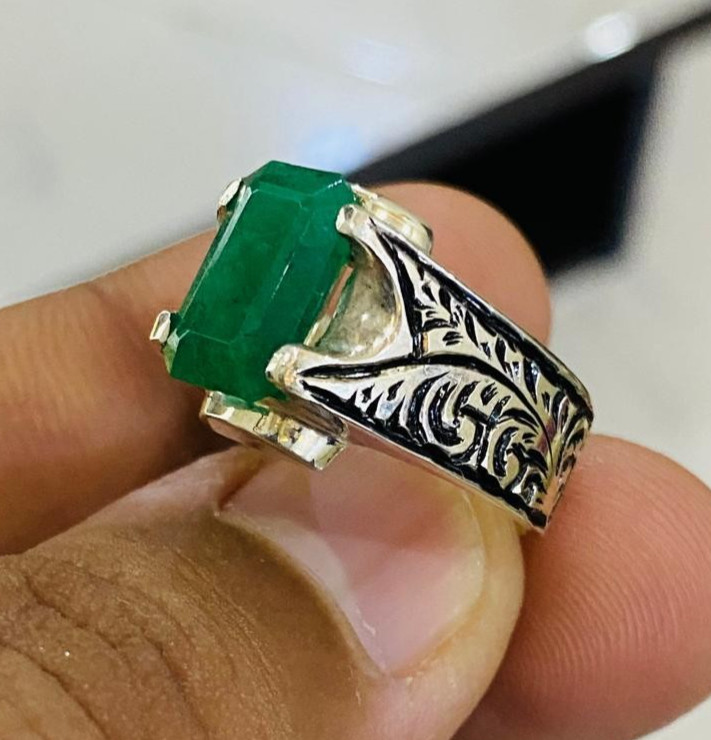 Original Zamurd Stone, Emerald Cut, Handmade Ring, Silver 925, Engraved Artisan