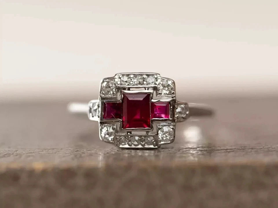 2.75Ct Art Deco Style Lab Created Ruby&Diamond Engagement 14K White Gold FN Ring