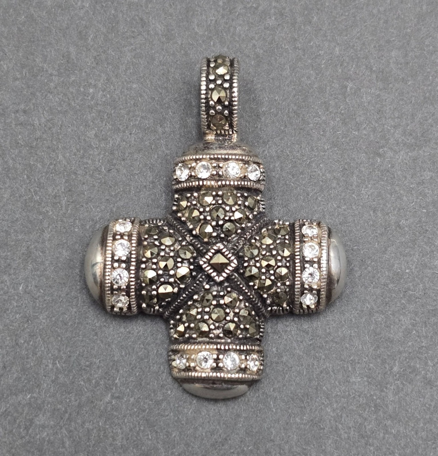 Vintage Sterling Silver Maltese Cross Marcasite Quartz Enhancer Pendant 1.5″