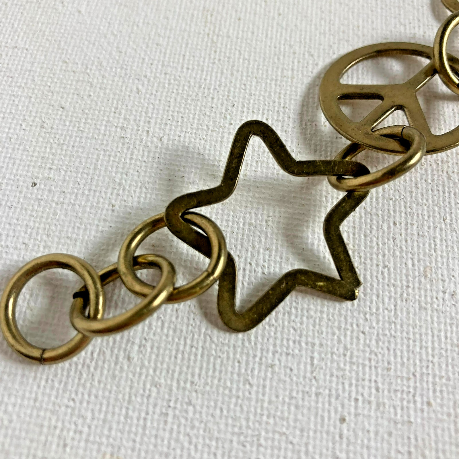 Bracelet Vintage Brass Chain of Hearts, Peace Signs and Stars 6.5″ Lobster clap