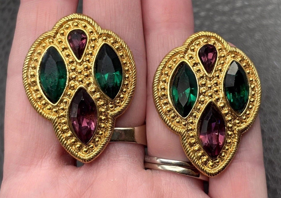 VTG 80s Napier Byzantium Swarovski Crystal Pierced Earrings Bold Runway