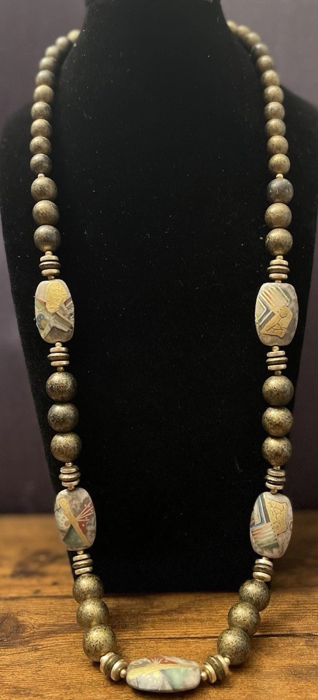 Vintage 1970s Japanese Artisan Brass & Cloisonné Enamel Bead Necklace Statement