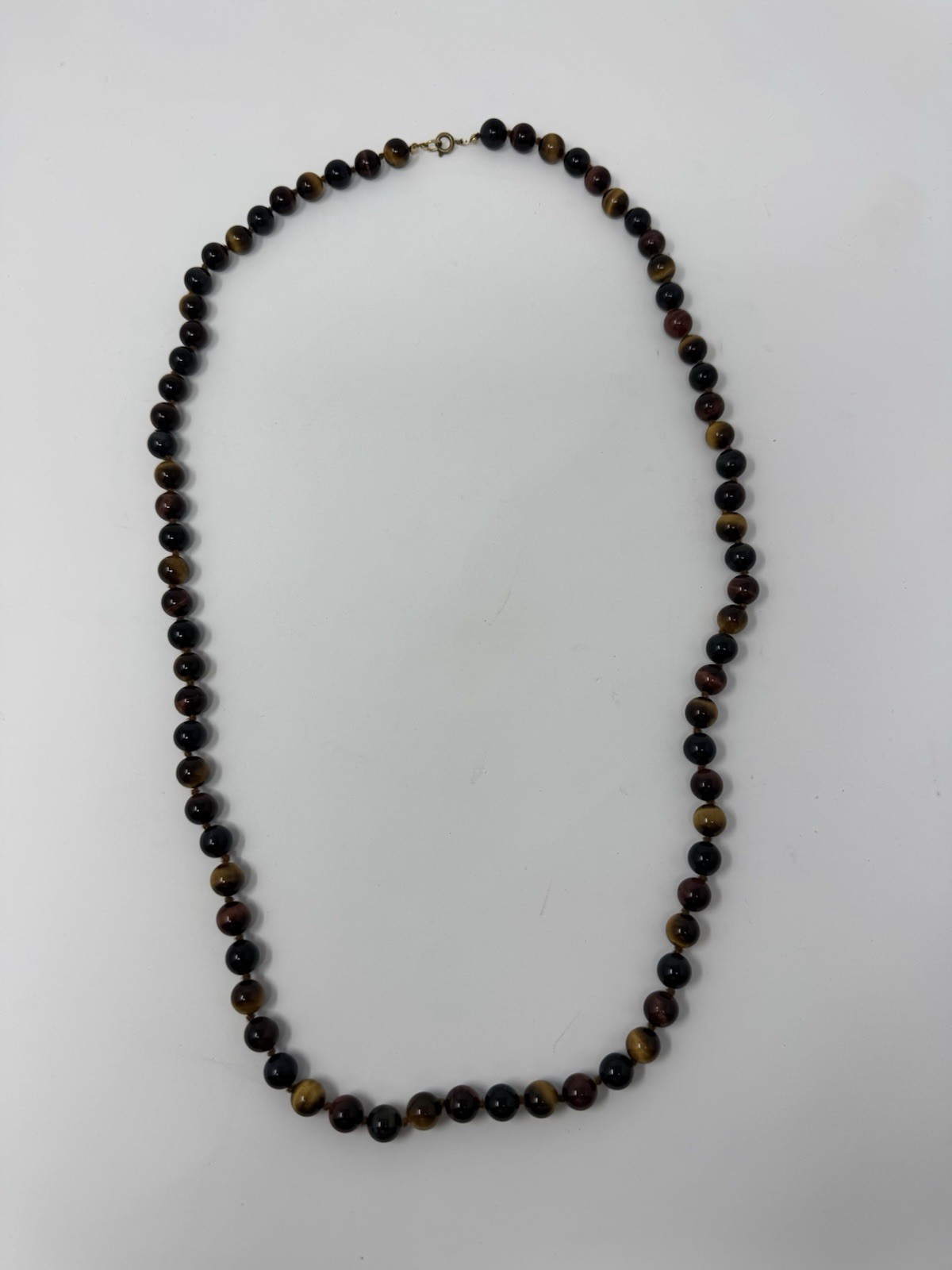 Vintage Single Strand Tigers Eye Beaded Necklace, Gold Tone Lobster Claw Clasp