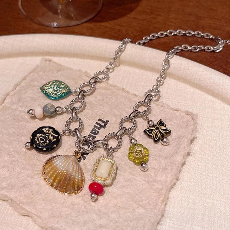 Vintage Zinc Alloy Rhinestone Butterfly Shell Choker Necklace with Tassel