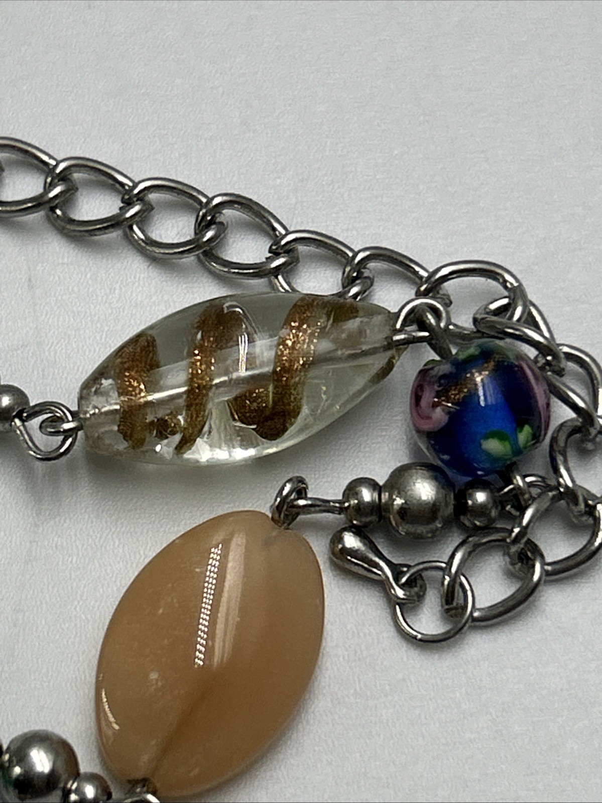 VTG Premier Design Art Glass Beaded Necklace Silver Tone Signed 30”w/2”