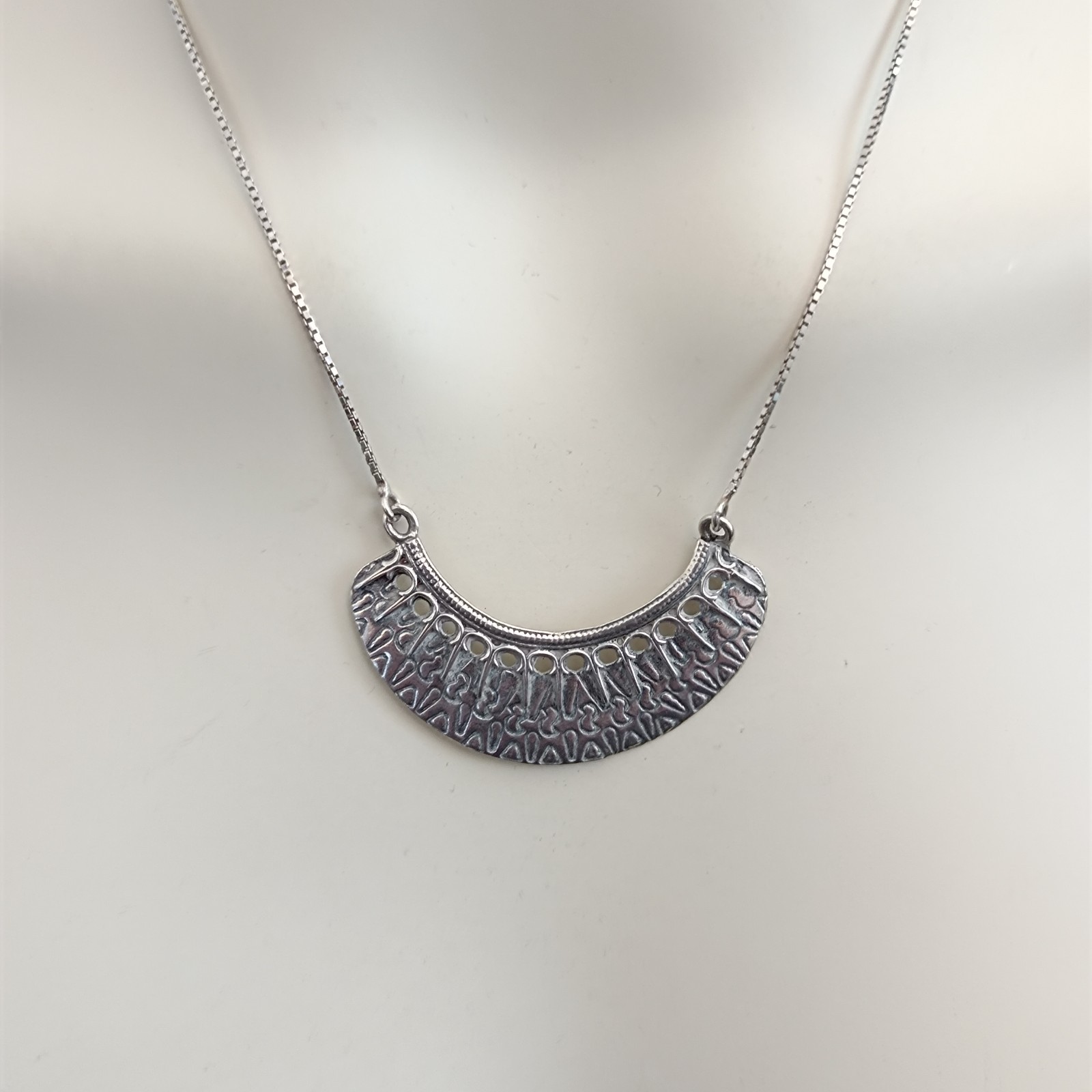Vintage Sterling Silver Moon Crescent Necklace Ethnic Folk Inspired Engraved Bib