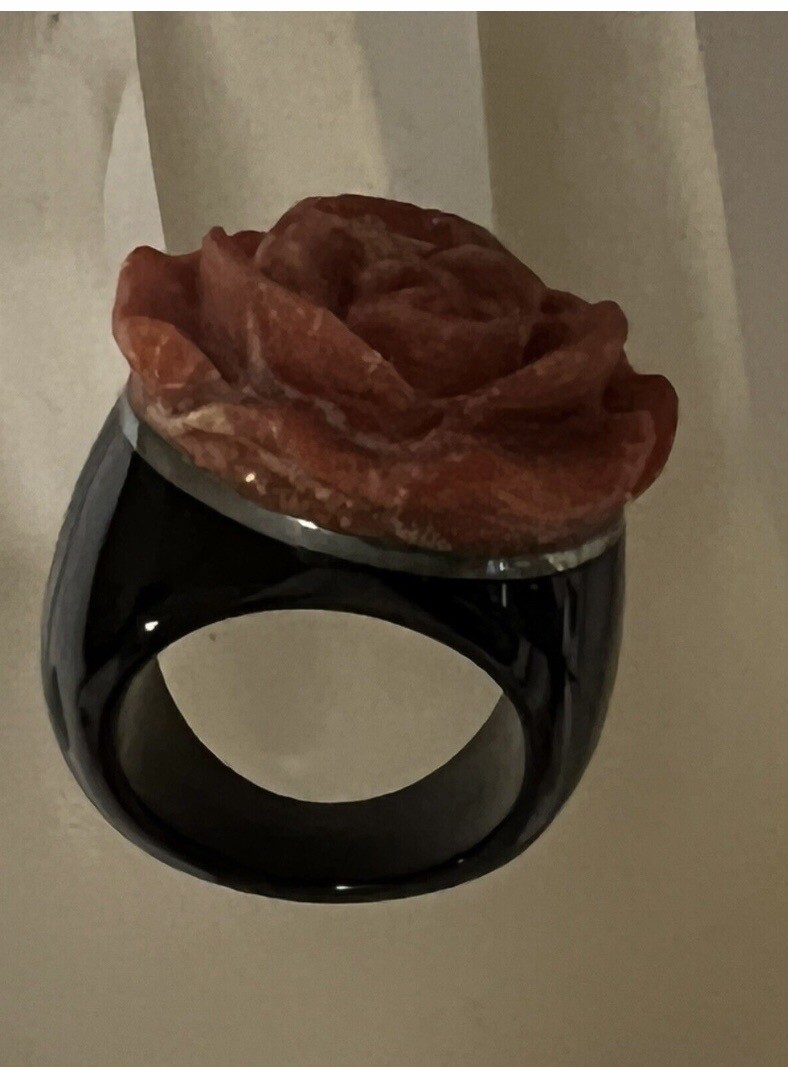 Vintage Onyx Silver Sponge Coral Carved Rose Ring Sz 6?