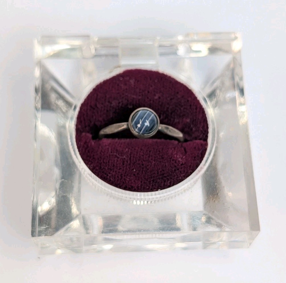 Vintage Sterling Silver .999 Minimalist Banded Black Agate Hexagonal Ring Sz 7