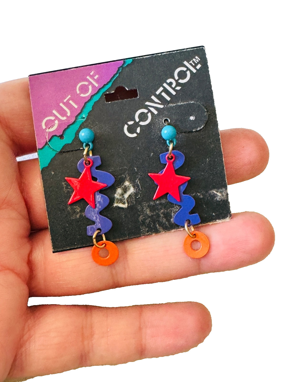 Vintage 1980s OUT OF CONTROL TM Colorful Metal Dangle Pierced Earrings Orig Card