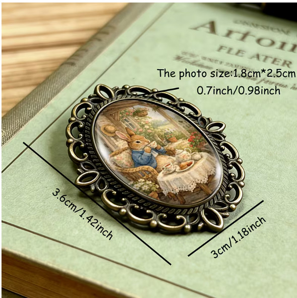 BROOCH- Rabbit’s Tea Party Brooch Oval Lace-Edged Glass Brooch