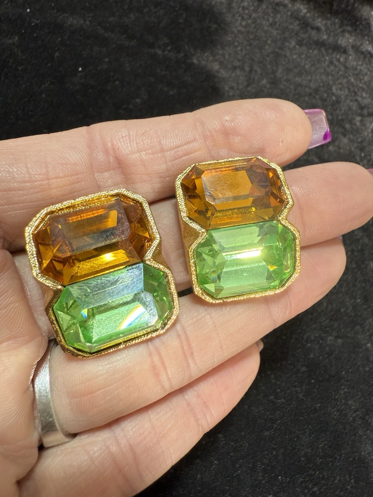 Vintage Signed Kenneth Lane Green & Orange Rhinestone Runway Clip-On Earrings