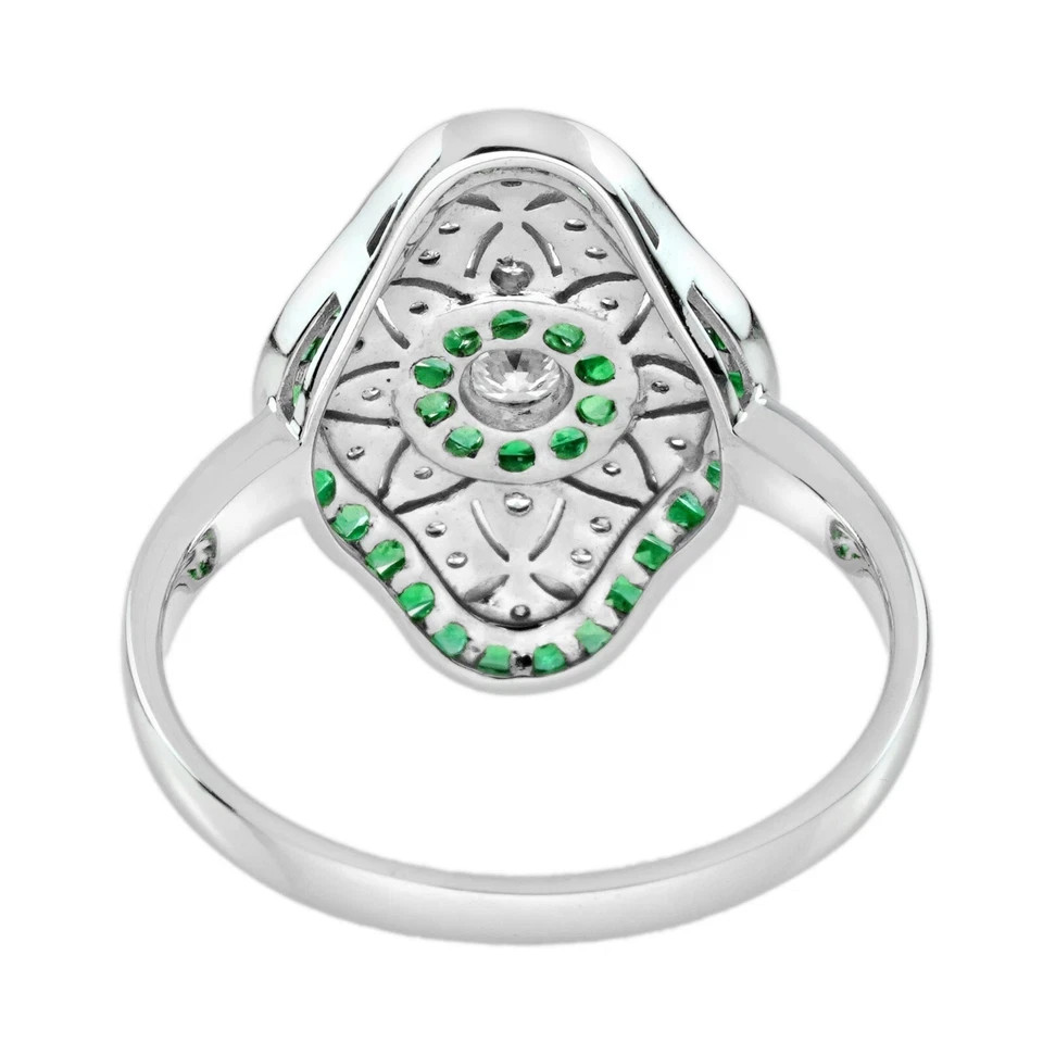 Art Deco Style Lab Created Diamond & Emerald Engagement 14K White Gold FN Ring