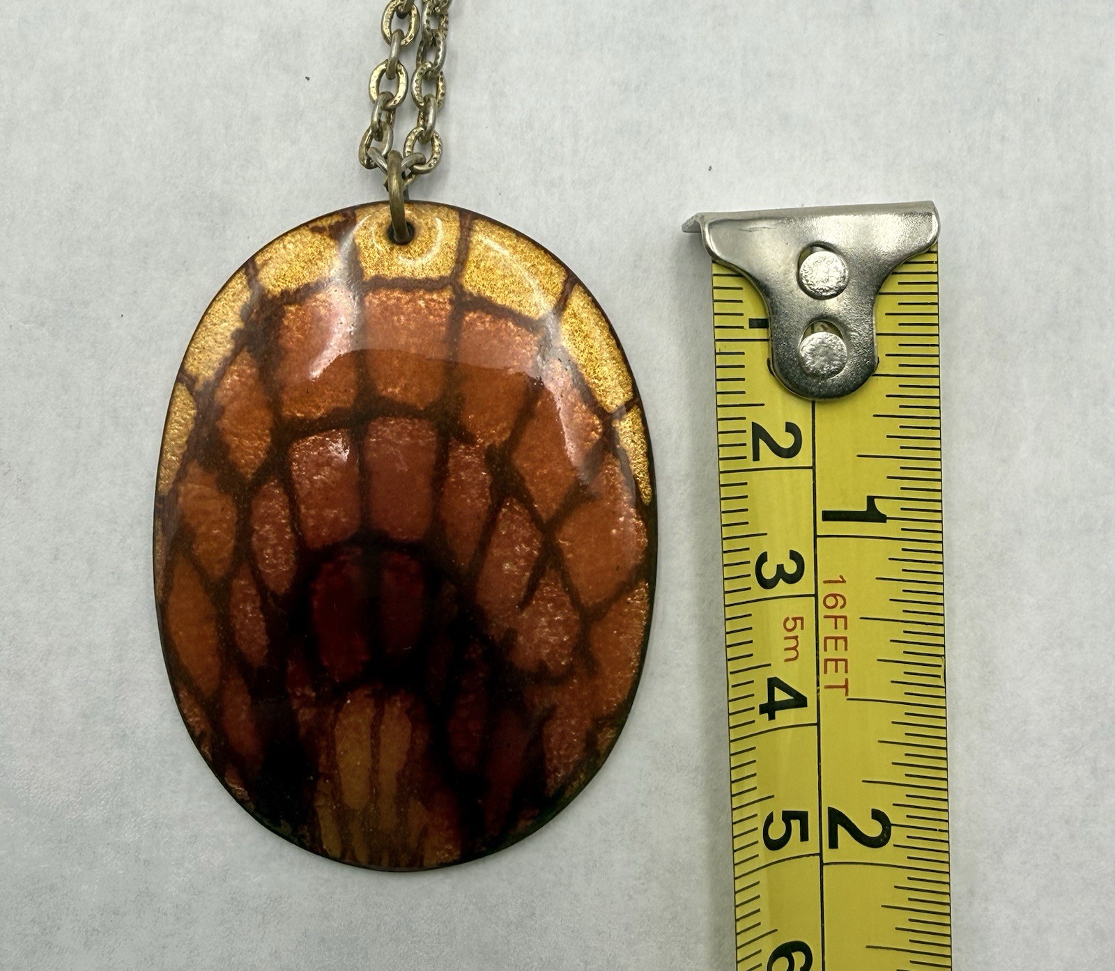 Vintage Enamel Pendant Necklace Large Oval Abstract Mid Century Artisan Jewelry