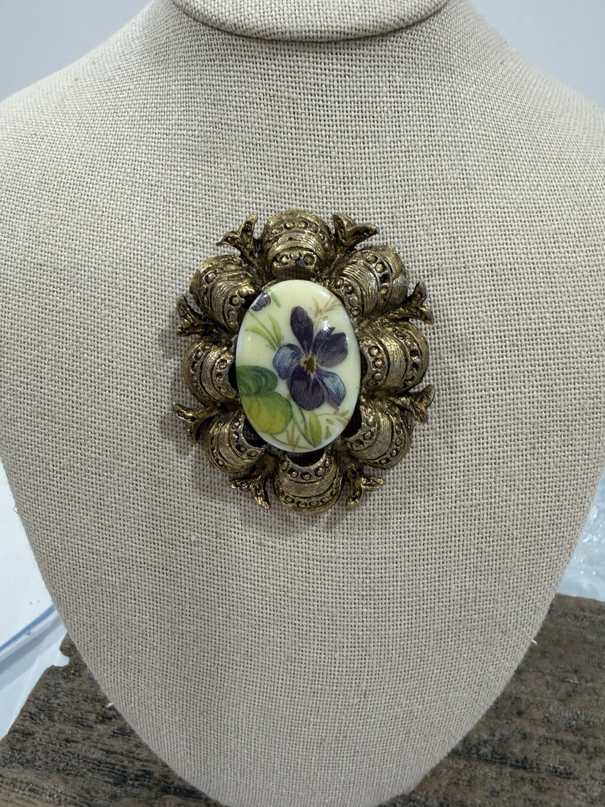 Vintage Victorian Revival Floral Porcelain Purple Violets Cameo Style Brooch