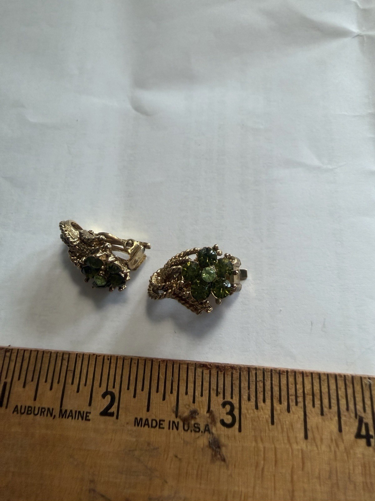 Green Rhinestone flower Cluster Clip On Gold Tone Earrings