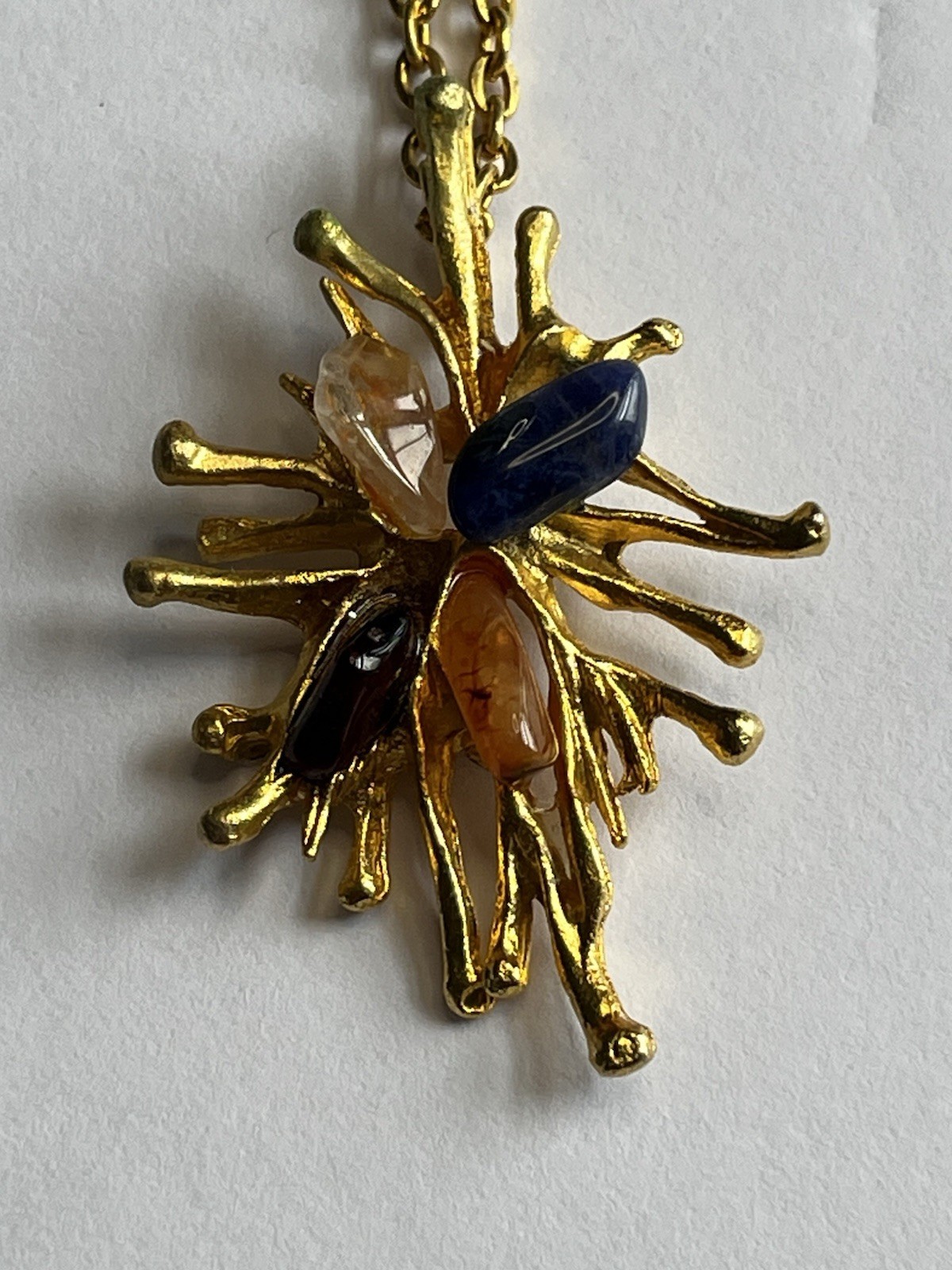 Vintage 1960s Gold Tone Brutalist Modernist Style Sunburst Necklace 28”
