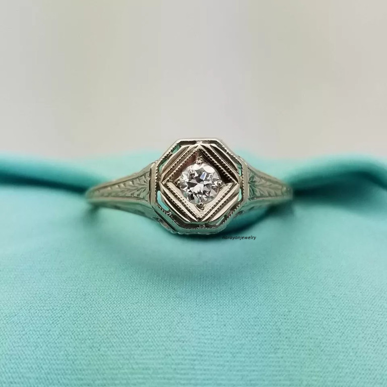 Navette Vintage 1Ct Round Cut Diamond Women Estate Ring 14K White Gold Plated