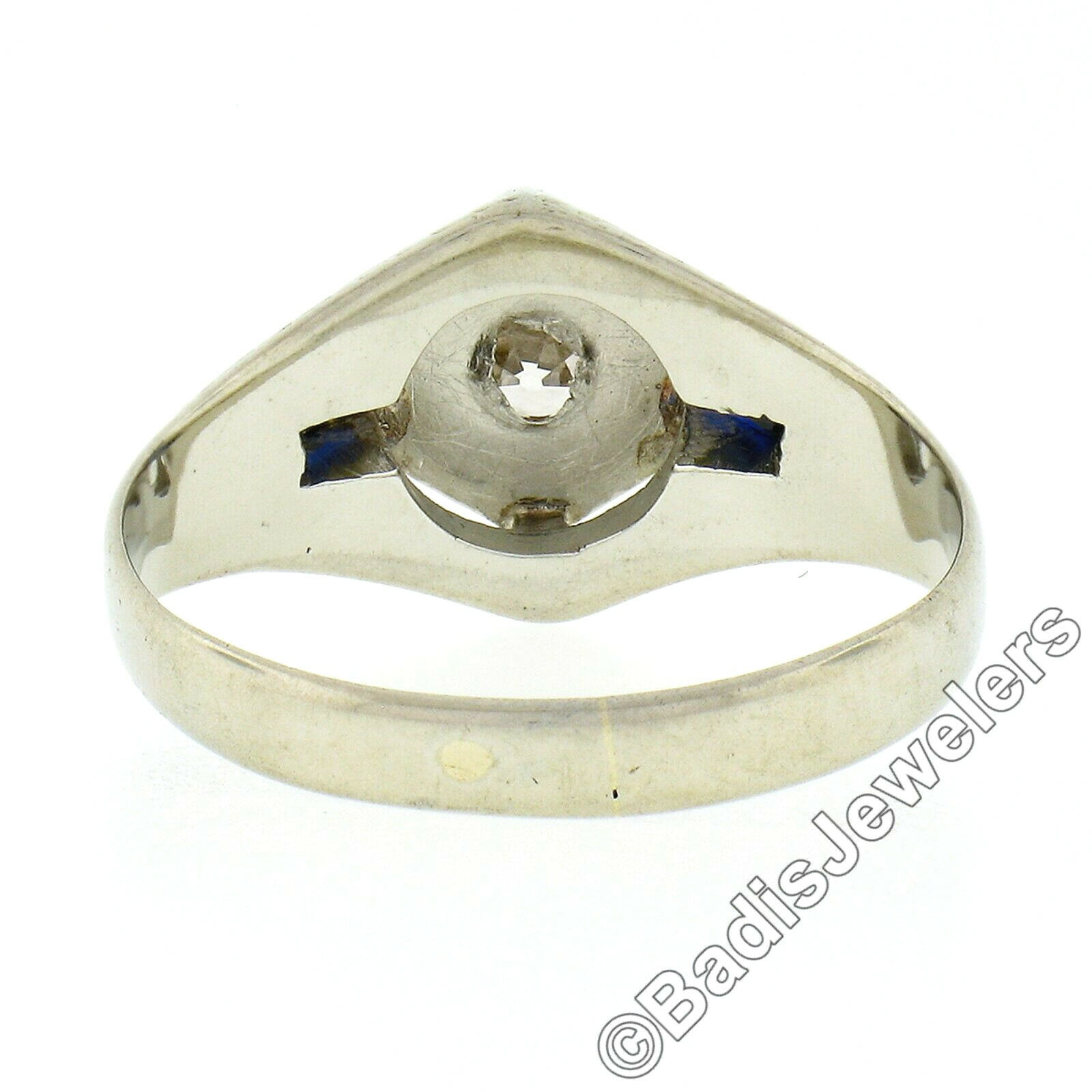 Antique Art Deco 14k White Gold European Diamond & Sapphire Hand Engraved Ring